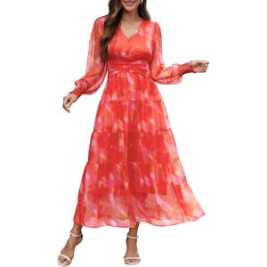 imageANRABESS Womens Floral Long Sleeve Maxi Dress V Neck Chiffon Flowy Boho ALine 2025 Fall Wedding Guest Party Wrap DressesFloral Red