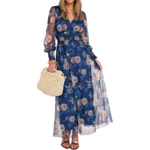 imageANRABESS Womens Floral Maxi Dress 2025 Fall V Neck Puff Long Sleeve Flowy Casual Wedding Guest Tee Party Tulle DressesBlue Golden Flower