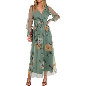 imageANRABESS Womens Floral Maxi Dress 2025 Fall V Neck Puff Long Sleeve Flowy Casual Wedding Guest Tee Party Tulle DressesDusty Olive Floral