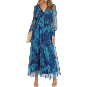 imageANRABESS Womens Floral Maxi Dress 2025 Fall V Neck Puff Long Sleeve Flowy Casual Wedding Guest Tee Party Tulle DressesFloral Green