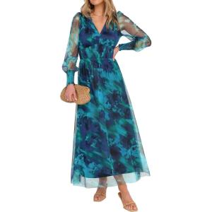 imageANRABESS Womens Floral Maxi Dress 2025 Fall V Neck Puff Long Sleeve Flowy Casual Wedding Guest Tee Party Tulle DressesFloral Lake Blue