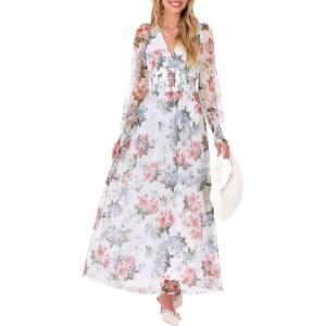 imageANRABESS Womens Floral Maxi Dress 2025 Fall V Neck Puff Long Sleeve Flowy Casual Wedding Guest Tee Party Tulle DressesPink Peony White
