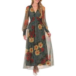 imageANRABESS Womens Floral Maxi Dress 2025 Fall V Neck Puff Long Sleeve Flowy Casual Wedding Guest Tee Party Tulle DressesRed and Yellow Rose