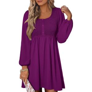 imageANRABESS Womens Long Lantern Sleeve Dresses 2025 Fall Casual Smocked ALine High Waist Flowy Short Dress with Pockets TrendyDeep Purple
