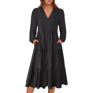 imageANRABESS Womens Long Lantern Sleeve Floral Midi Dresses 2025 Fall V Neck Casual Flowy Aline Tiered Boho Vacation Long DressBlack