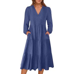 imageANRABESS Womens Long Lantern Sleeve Floral Midi Dresses 2025 Fall V Neck Casual Flowy Aline Tiered Boho Vacation Long DressBlue