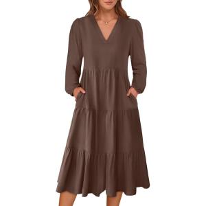 imageANRABESS Womens Long Lantern Sleeve Floral Midi Dresses 2025 Fall V Neck Casual Flowy Aline Tiered Boho Vacation Long DressCoffee