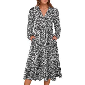 imageANRABESS Womens Long Lantern Sleeve Floral Midi Dresses 2025 Fall V Neck Casual Flowy Aline Tiered Boho Vacation Long DressFloral Black