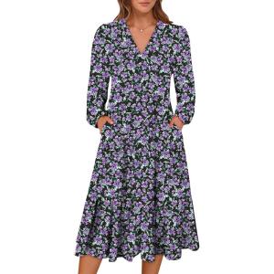 imageANRABESS Womens Long Lantern Sleeve Floral Midi Dresses 2025 Fall V Neck Casual Flowy Aline Tiered Boho Vacation Long DressFloral Purple Black