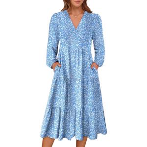 imageANRABESS Womens Long Lantern Sleeve Floral Midi Dresses 2025 Fall V Neck Casual Flowy Aline Tiered Boho Vacation Long DressFloral White Blue