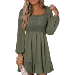 imageANRABESS Womens Long Lantern Sleeve Square Neck Dress Smocked Tiered High Waist Ruffle Flowy Swing 2025 Fall Short DressesArmy Green