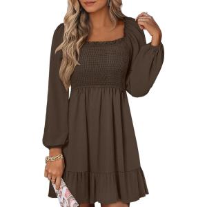 imageANRABESS Womens Long Lantern Sleeve Square Neck Dress Smocked Tiered High Waist Ruffle Flowy Swing 2025 Fall Short DressesBrown