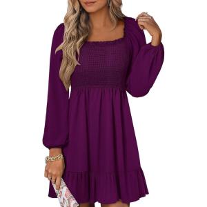 imageANRABESS Womens Long Lantern Sleeve Square Neck Dress Smocked Tiered High Waist Ruffle Flowy Swing 2025 Fall Short DressesDeep Purple