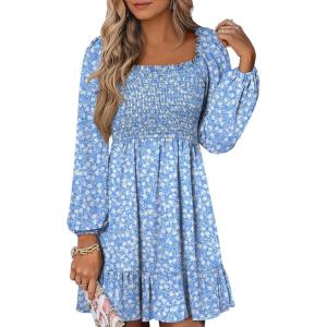 imageANRABESS Womens Long Lantern Sleeve Square Neck Dress Smocked Tiered High Waist Ruffle Flowy Swing 2025 Fall Short DressesFloral Blue