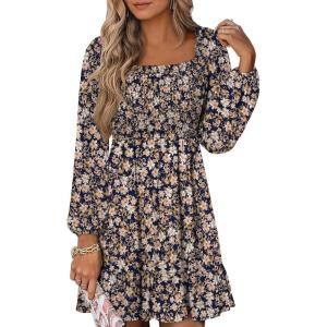 imageANRABESS Womens Long Lantern Sleeve Square Neck Dress Smocked Tiered High Waist Ruffle Flowy Swing 2025 Fall Short DressesFloral Navy Blue