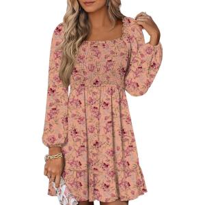 imageANRABESS Womens Long Lantern Sleeve Square Neck Dress Smocked Tiered High Waist Ruffle Flowy Swing 2025 Fall Short DressesPrint Rose Pink