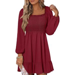 imageANRABESS Womens Long Lantern Sleeve Square Neck Dress Smocked Tiered High Waist Ruffle Flowy Swing 2025 Fall Short DressesRed