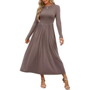imageANRABESS Womens Long Sleeve Elegant Modest Drop Waist Maxi Dress 2025 Fall Casual Flowy Pleated Long Dresses with PocketsBrown