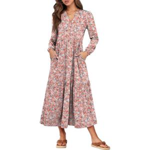 imageANRABESS Womens Long Sleeve Maxi Dresses 2025 Fall Casual V Neck Flowy Tiered Boho Modest Trendy Vacation Dress with PocketsFloral Pink