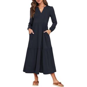 imageANRABESS Womens Long Sleeve Maxi Dresses 2025 Fall Casual V Neck Flowy Tiered Boho Modest Trendy Vacation Dress with PocketsNavy Blue