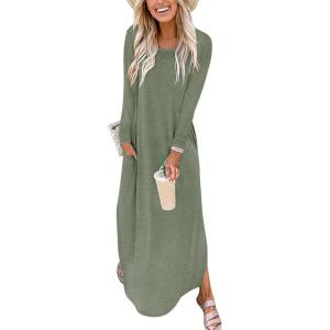 imageANRABESS Womens Long Sleeve Maxi Dresses 2025 Fall Outfits Casual Loose Split Travel Vacation T Shirt Dress with PocketsSage Green