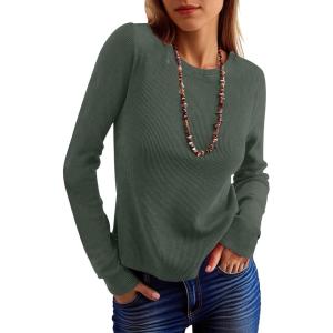 imageANRABESS Womens Long Sleeve Waffle Knit Shirts Casual Slim Fitted Crew Neck Thermal Tops Basic Tee 2025 Fall Trendy OutfitsArmy Green