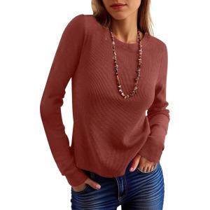imageANRABESS Womens Long Sleeve Waffle Knit Shirts Casual Slim Fitted Crew Neck Thermal Tops Basic Tee 2025 Fall Trendy OutfitsBirck Red
