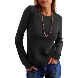 imageANRABESS Womens Long Sleeve Waffle Knit Shirts Casual Slim Fitted Crew Neck Thermal Tops Basic Tee 2025 Fall Trendy OutfitsBlack