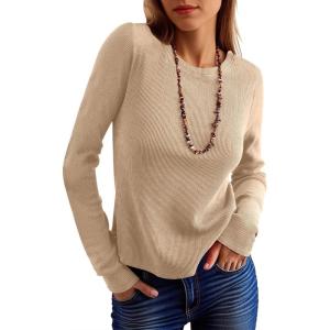 imageANRABESS Womens Long Sleeve Waffle Knit Shirts Casual Slim Fitted Crew Neck Thermal Tops Basic Tee 2025 Fall Trendy OutfitsLight Brown