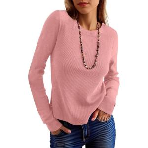 imageANRABESS Womens Long Sleeve Waffle Knit Shirts Casual Slim Fitted Crew Neck Thermal Tops Basic Tee 2025 Fall Trendy OutfitsPink
