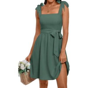 imageANRABESS Womens Sleeveless Tie Strap Mini Dress Summer Square Neck Smocked A Line Swing Elegant Cute Cocktail Short DressesGreen