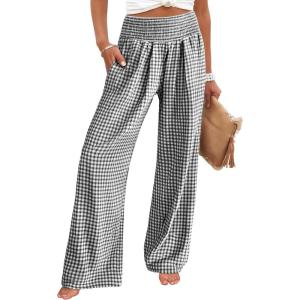 imageANRABESS Womens Striped Gingham Palazzo Pants Wide Leg High Waisted Lounge Pajama Pants Cute Casual Trousers with PocketsBlack White Plaid