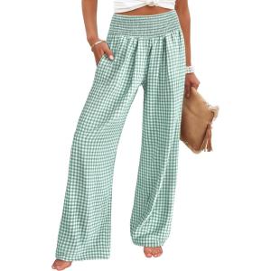 imageANRABESS Womens Striped Gingham Palazzo Pants Wide Leg High Waisted Lounge Pajama Pants Cute Casual Trousers with PocketsGreen White Plaid