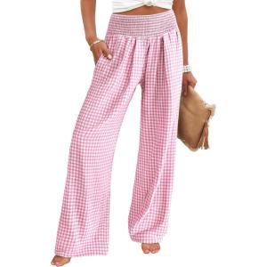 imageANRABESS Womens Striped Gingham Palazzo Pants Wide Leg High Waisted Lounge Pajama Pants Cute Casual Trousers with PocketsPink White Plaid