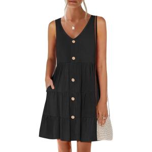 imageANRABESS Womens Summer Beach Vacation Dresses V Neck Sleeveless Casual Button Down A Line Swing Mini Sundresses with PocketsBlack