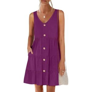 imageANRABESS Womens Summer Beach Vacation Dresses V Neck Sleeveless Casual Button Down A Line Swing Mini Sundresses with PocketsDeep Purple