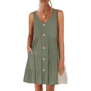 imageANRABESS Womens Summer Beach Vacation Dresses V Neck Sleeveless Casual Button Down A Line Swing Mini Sundresses with PocketsOlive