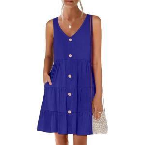 imageANRABESS Womens Summer Beach Vacation Dresses V Neck Sleeveless Casual Button Down A Line Swing Mini Sundresses with PocketsRoyal Blue