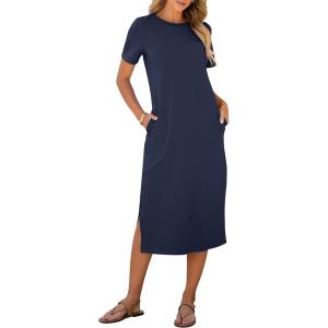 imageANRABESS Womens Summer Casual Midi Dress Short Sleeve Crewneck T Shirt Long Dresses Split Stripe Beach Vacation Travel OutfitNavy Blue