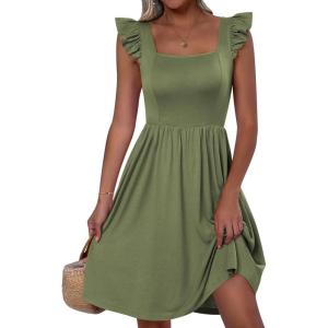 imageANRABESS Womens Summer Short Dress 2025 Square Neck Sleeveless A Line Ruffled Wedding Casual Cute Teen Beach Mini SundressOlive