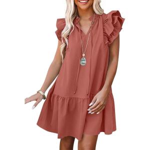 imageANRABESS Womens Summer VNeck Drawstring Ruffle Cap Short Sleeve Casual Shift Mini Dress with PocketsRust