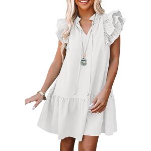 imageANRABESS Womens Summer VNeck Drawstring Ruffle Cap Short Sleeve Casual Shift Mini Dress with PocketsWhite