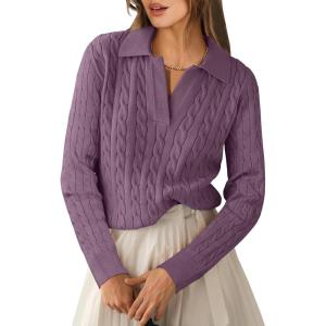 imageANRABESS Womens Cable Knit Sweaters Long Sleeve V Neck Sweater Tops Casual Pullover Polo Shirts 2025 Fall Fashion OutfitsPurple