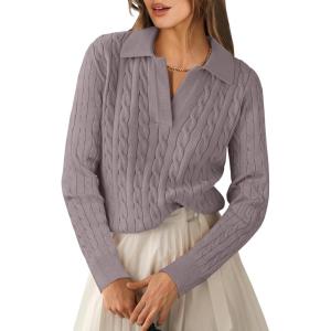 imageANRABESS Womens Cable Knit Sweaters Long Sleeve V Neck Sweater Tops Casual Pullover Polo Shirts 2025 Fall Fashion OutfitsPurple Taupe