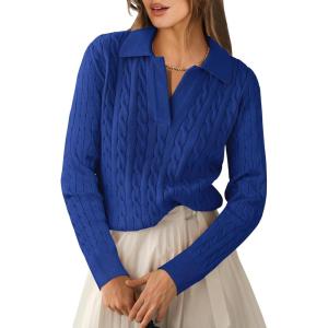 imageANRABESS Womens Cable Knit Sweaters Long Sleeve V Neck Sweater Tops Casual Pullover Polo Shirts 2025 Fall Fashion OutfitsRoyal Blue