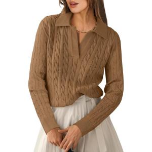 imageANRABESS Womens Cable Knit Sweaters Long Sleeve V Neck Sweater Tops Casual Pullover Polo Shirts 2025 Fall Fashion OutfitsTan