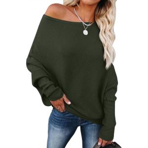 imageANRABESS Womens Off Shoulder Sweaters 2025 Fall Long Batwing Sleeve Loose Fit Knit Tops Casual Pullovers JumpersArmy Green