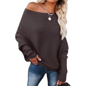 imageANRABESS Womens Off Shoulder Sweaters 2025 Fall Long Batwing Sleeve Loose Fit Knit Tops Casual Pullovers JumpersRed Coffee