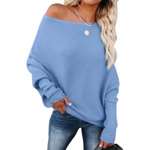 imageANRABESS Womens Off Shoulder Sweaters 2025 Fall Long Batwing Sleeve Loose Fit Knit Tops Casual Pullovers JumpersSky