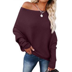 imageANRABESS Womens Off Shoulder Sweaters 2025 Fall Long Batwing Sleeve Loose Fit Knit Tops Casual Pullovers JumpersWine Red